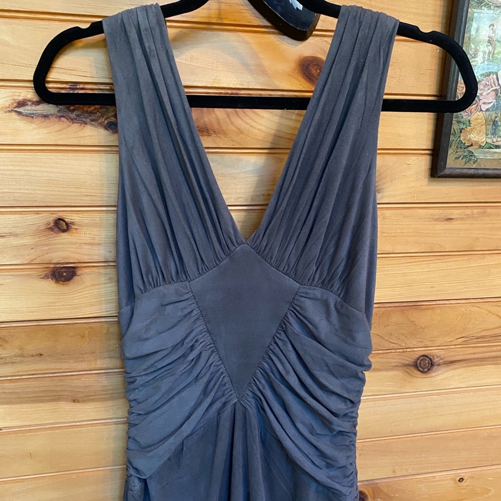 Vintage Bebe suede look and feel body con, ruched, plunge, soft bombshell dress - Picture 4 of 7